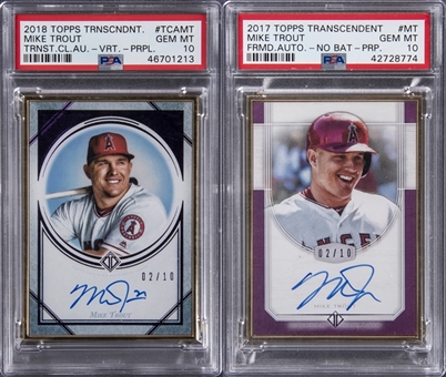 2017-2018 Topps "Transcendent" Gold Frame/Purple Mike Trout Serial-Numbered Signed Cards PSA GEM MT 10 Pair (2 Different)